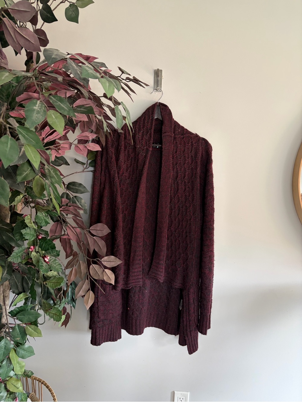 Talula Cable Knit Open-Front Cardigan - Burgundy